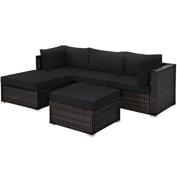 Costway 5-Pieces Wicker Patio Conversation Set Sectional Set Ottoman Table with Black Cushions