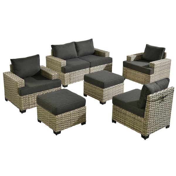 Kelleys 7-Piece Wicker Modern Outdoor Patio Conversation Sofa Seating Set with Black Cushions