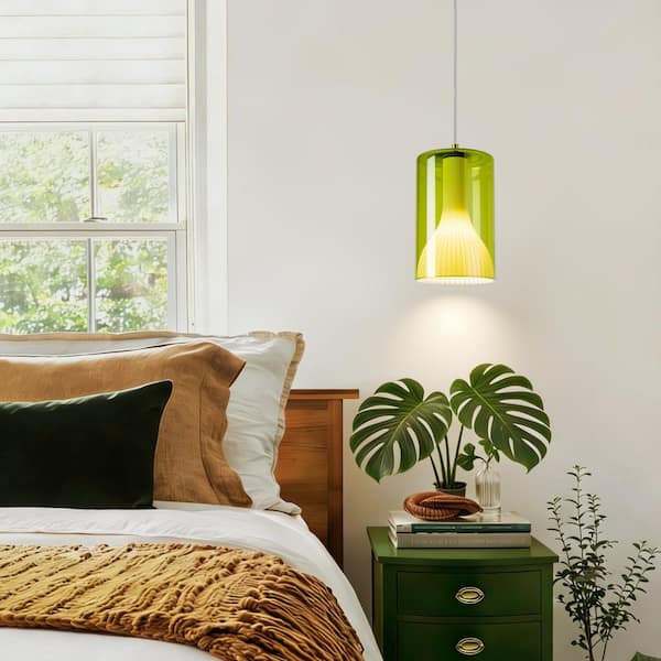 Modern 1-Light Brushed Gold Kitchen Island Pendant Light Adjustable Hanging Light with Green Glass Shade