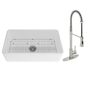 White Fireclay 33 in. Single Bowl Farmhouse Apron Kitchen Sink with Two Function Spray Kitchen Faucet