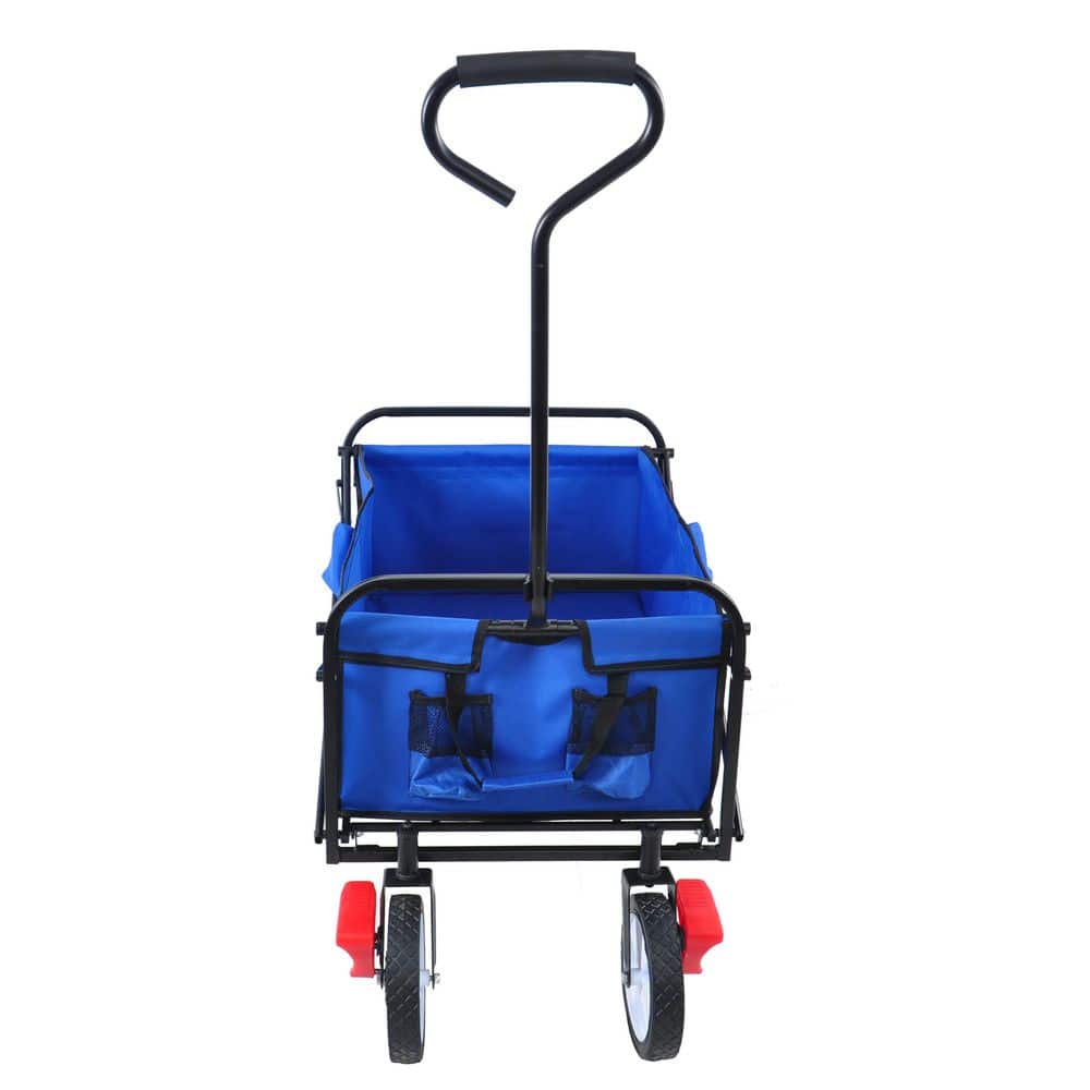 Blue Fabric Folding Wagon with Metal Handle and Flat-Free Tires