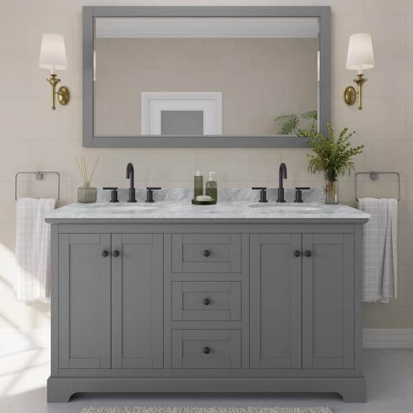 Wyndham Collection Avery 60 in. W x 22 in. D x 35 in. H Double Bath Vanity in Dark Gray with White Carrara Marble Top