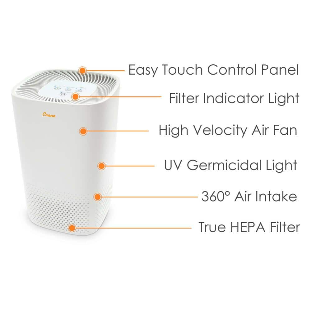 Crane White True HEPA Filter Tower Air Purifier
