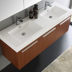Vista 59 in. Vanity in Teak with Acrylic Vanity Top in White with White Basins and Mirrored Medicine Cabinet