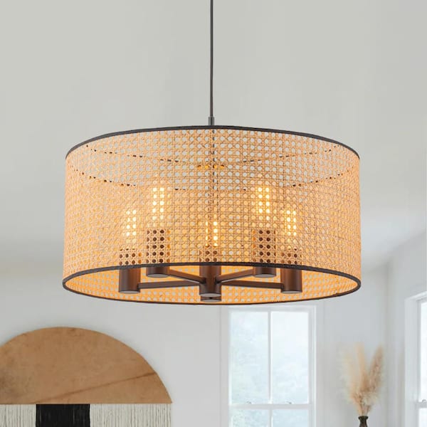 Ravia 23.6 in. 5-Light Matte Black Pendant Light with Handwoven Rattan Drum Shade