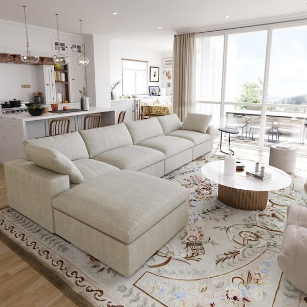 160 in. Square Arm 5-piece Velvet Modular Free Combination Sectional Sofa in. Khaki with Ottoman