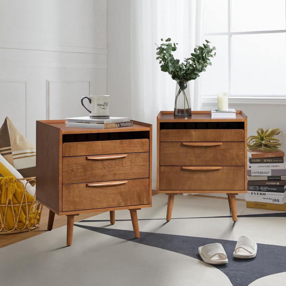 Kate Walnut Mid-century Style 3-Drawer 24 in. W Nightstand with Solid Wood Legs Set of 2
