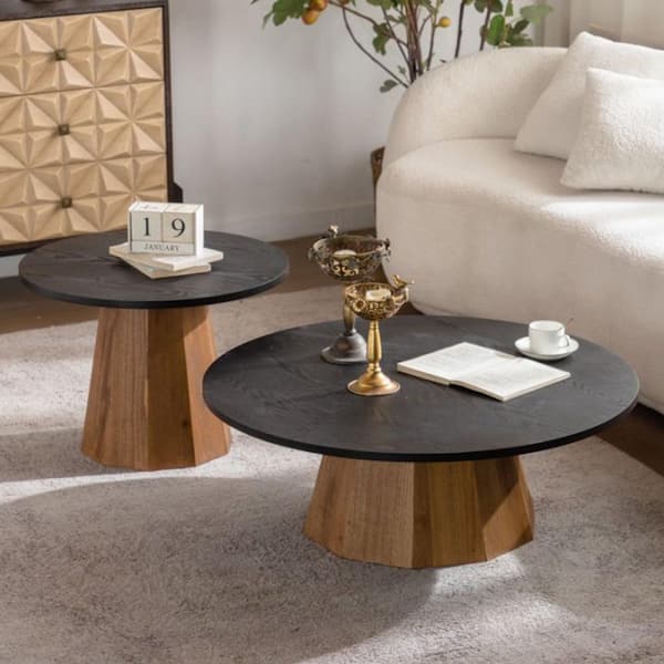 23.62 in. Black Round Wood Coffee Table with Sturdy Pedestal, Tea Table for Living Room Easy to Assemble