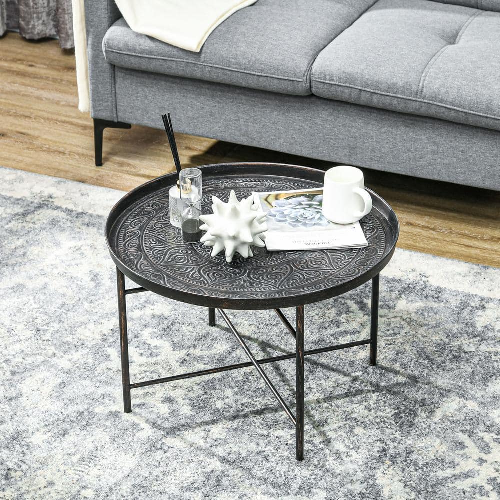 Pewter Round Metal Coffee Table with Hammered Tray Top
