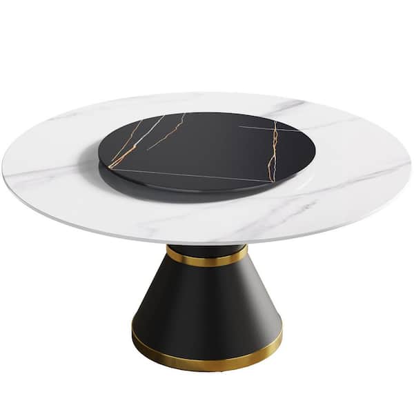 Magic Home 59.05 in. Modern Round Black Rotary Lazy Susan Sintered Stone Top Black Carbon Steel Pedestal Dining Table (Seats-8)