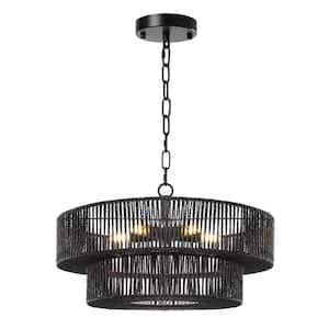 22 in. 5-Light Black Drum Chandelier with 2-tier Rattan Shade