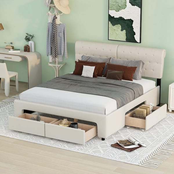 Harper & Bright Designs Beige Wood Frame Queen Size Upholstery Platform Bed with 4 Drawers