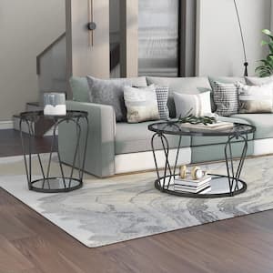 Orrum 31.25 in. Black Nickel and Gray Round Glass Coffee Table Set (2-Piece)