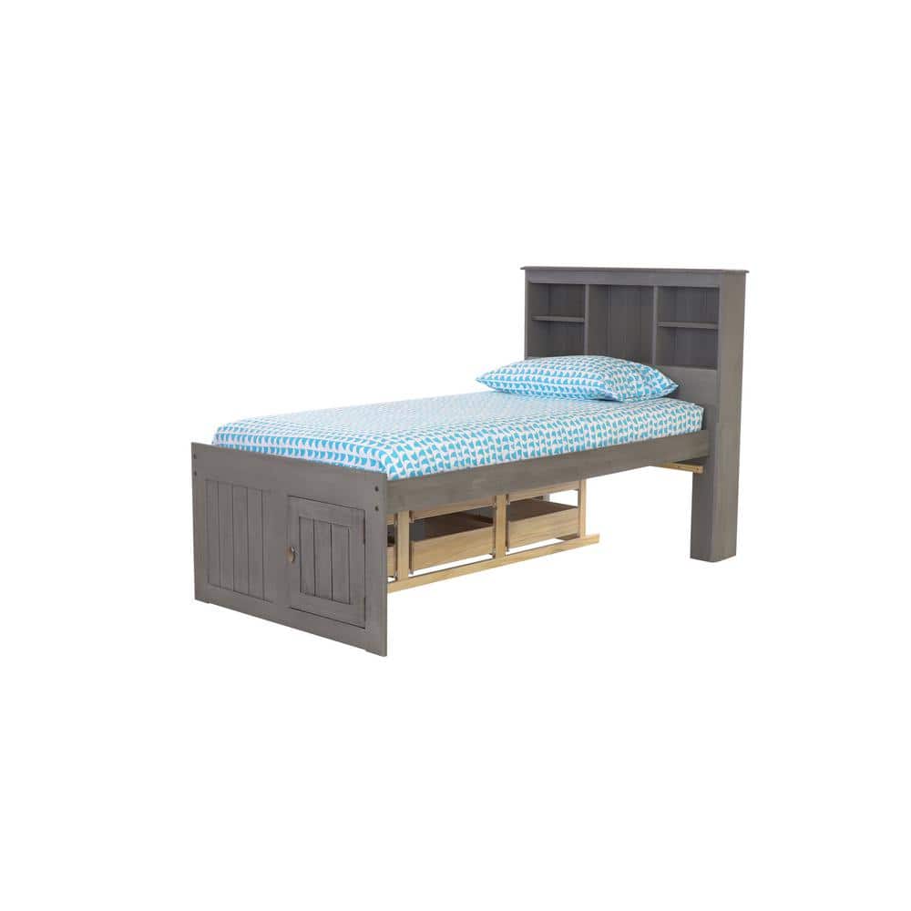 Charcoal Gray Twin Wood Captain's Bed with Storage and Bookcase