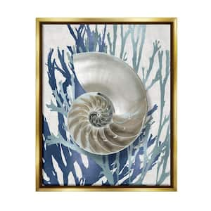 Shell Coral Beach Blue Design by Caroline Kelly Floater Frame Nature Wall Art Print 31 in. x 25 in.