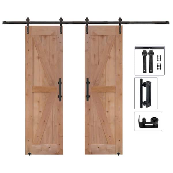 LUBANN 48 in. x 84 in. Assembled Bi-Parting Rustic Unfinished Hardwood Interior Sliding Barn Door Slab with Hardware Kit
