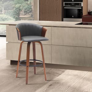 Diana Swivel 30 in. Grey/Walnut and Black Wood Bar Stool with Grey Faux Leather Seat