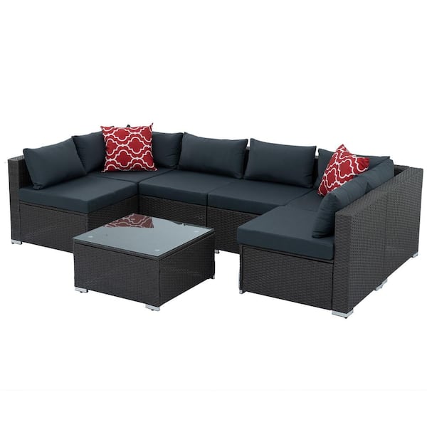 maocao hoom 8-Pieces Dark Gray Wicker Patio Conversation Set with Dark Gray Cushions