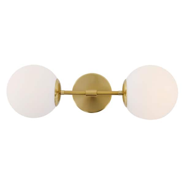 OUKANING 18.5 in. 2-Light Gold Modern Wall Light Double-Head Wall Sconce with White Glass Shade, No Bulbs Included