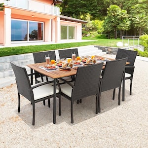7-Piece Wicker Outdoor Dining Set Armchairs Acacia Wood Table with Umbrella Hole and White Cushion