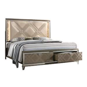 New York Majestic Gold Embossed Frame Panel Queen Platform Bed with Acrylic Legs.
