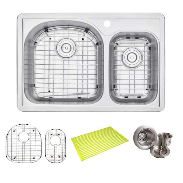 Topmount Drop In Stainless Steel 33 in. x 22 in. x 8-1/4 in. Deep 1 Faucet Holes Double Bowl 70/30 Kitchen Sink Combo