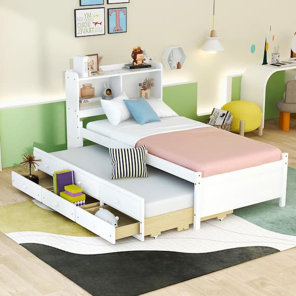 Harper & Bright Designs White Wood Frame Twin Size Platform Bed with Twin Trundle, 3-Drawer, Storage Headboard with LED Light, USB Charging