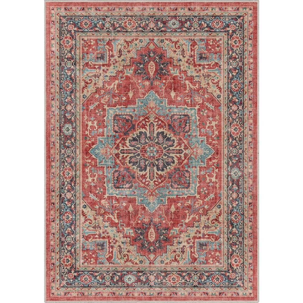 Apollo Red Chenille 5' x 7' Vintage Medallion Area Rug