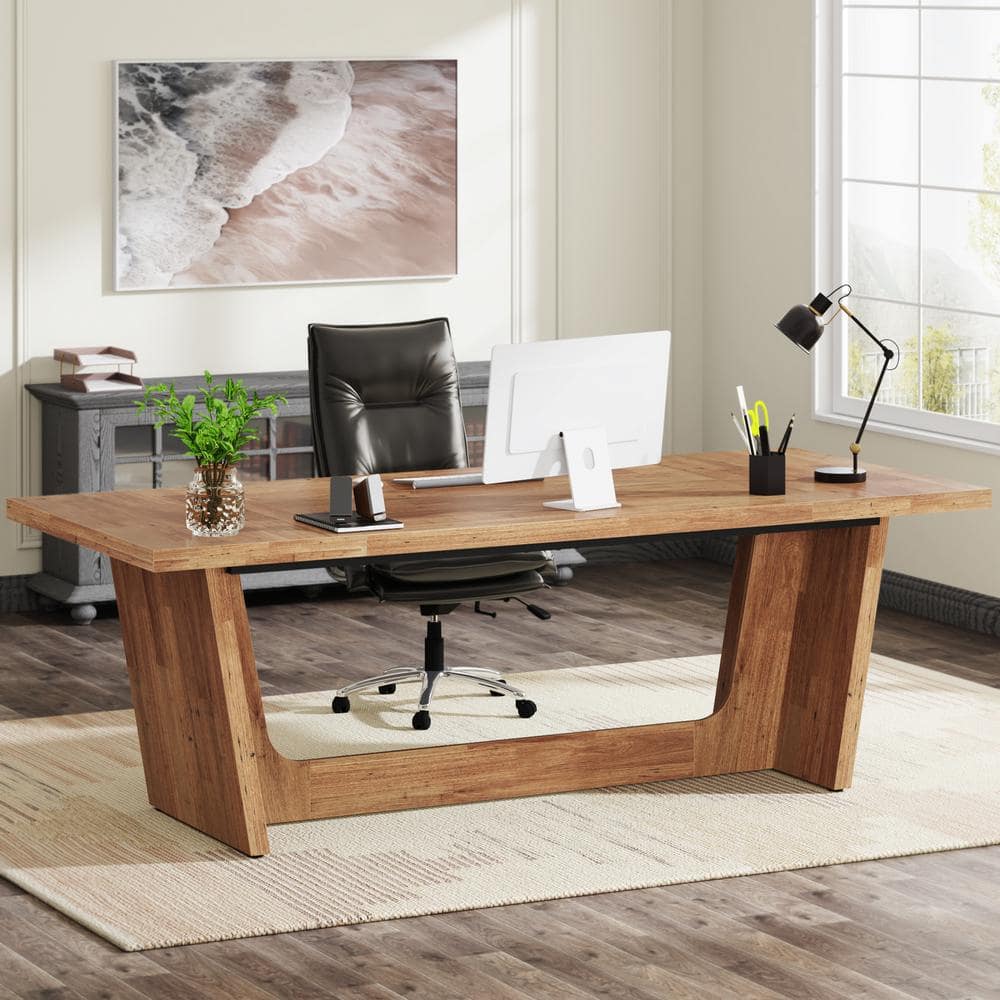 70.87 in. Rectangular Walnut Wood Desk with Solid Wooden Pedestal