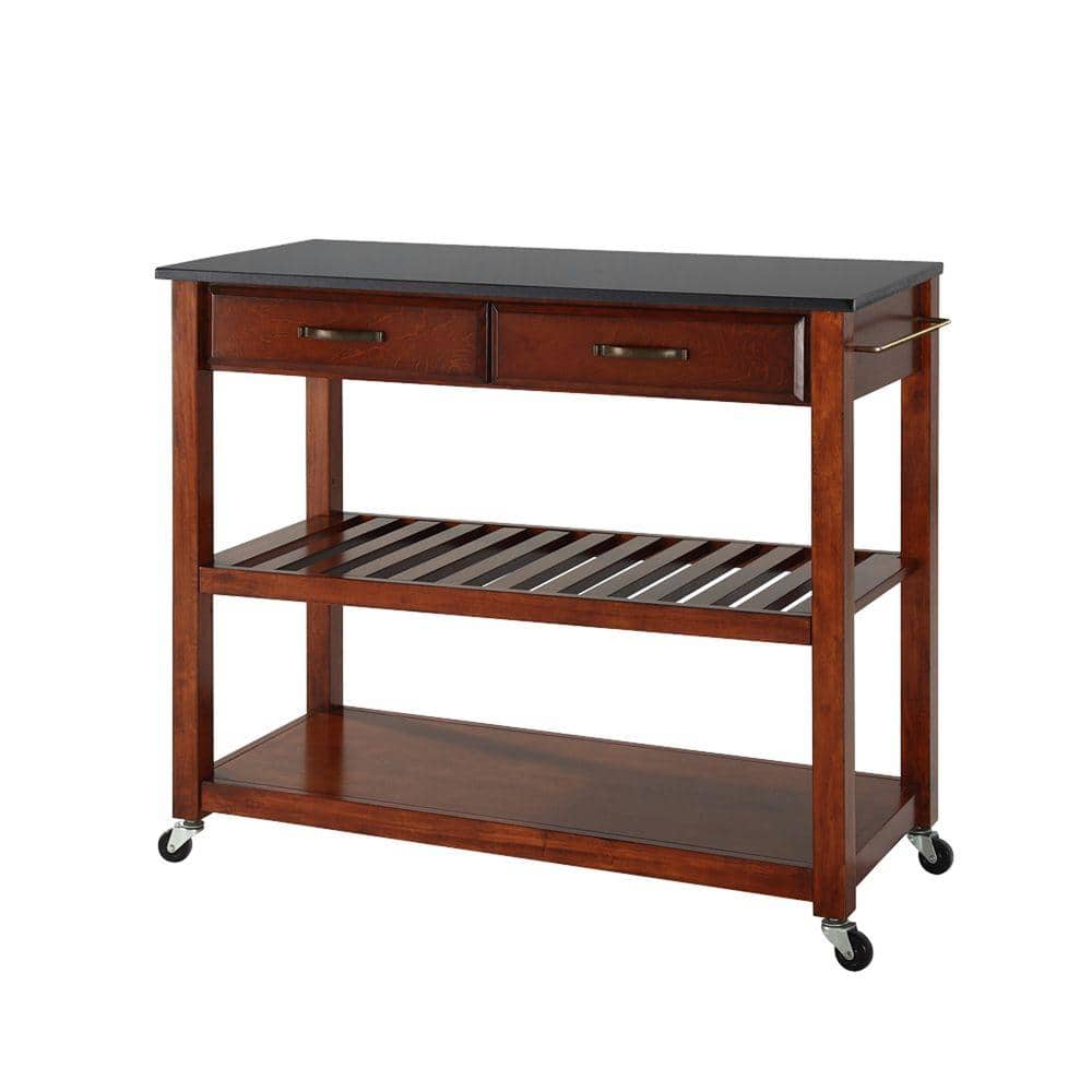 Cherry Wood Kitchen Cart with Black Granite Top and Wine Rack