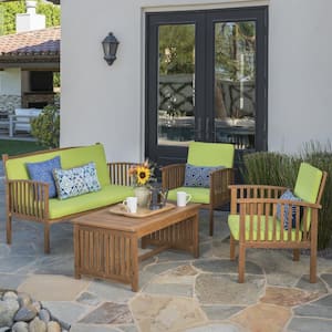 4-Piece Brown Patina Acacia Wood Outdoor Sectional Sofa Set with Light Green Cushions