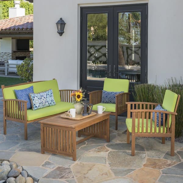 Zeus & Ruta 4-Piece Brown Patina Acacia Wood Outdoor Sectional Sofa Set with Light Green Cushions