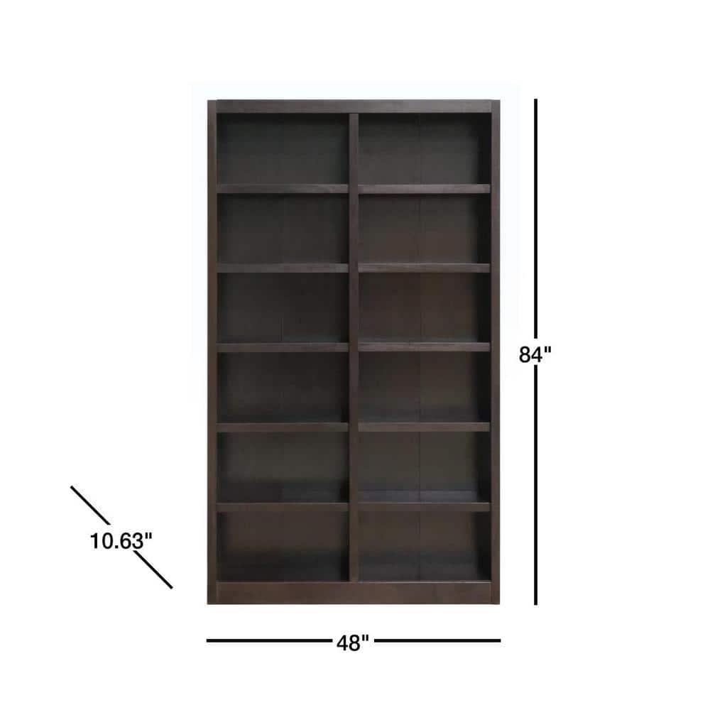Espresso Finish Solid Wood Double Wide 12-Shelf Adjustable Bookcase