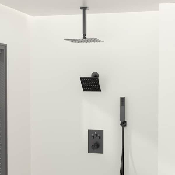 Triple Handle 7-Spray Patterns 12 in. Ceiling Mount Rainfall Shower Faucet with High Pressure in Matte Black