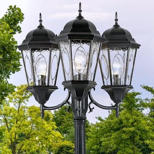 Villa Nueva 96 in. 3-Light Black Outdoor Lamp Post Light Fixture Set with Stained Glass
