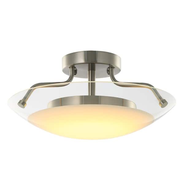 TRIBESIGNS WAY TO ORIGIN Crystal 13 in. White LED Semi-Flush Mount Light, Nickel Matt, Clear Flake Ceiling Light with Painted Glass Home Office