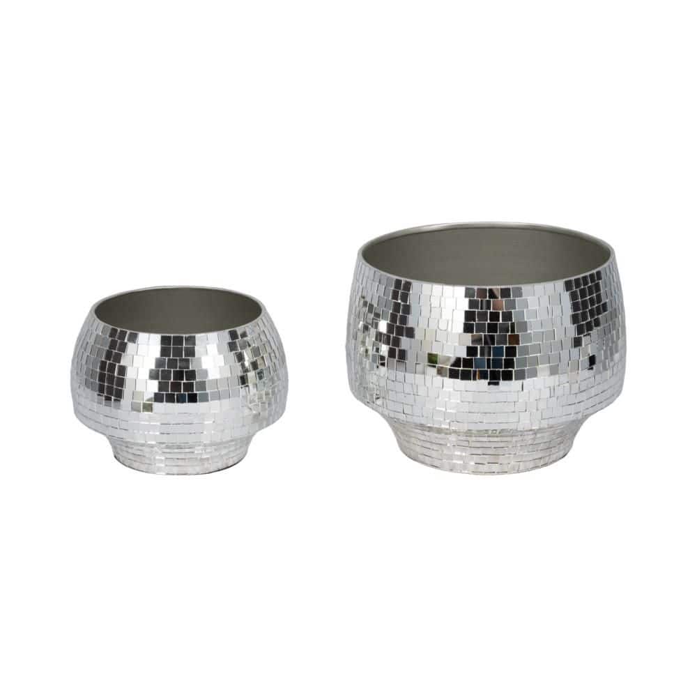 9 in. and 11 in. Silver Metal Curved Disco Mosaic Tile Decorative Pots (Set of 2) price history on PriceWatchPro