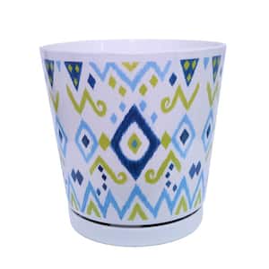8.75 in. Blue Ikat Melamine Planter with Self Watering Saucer
