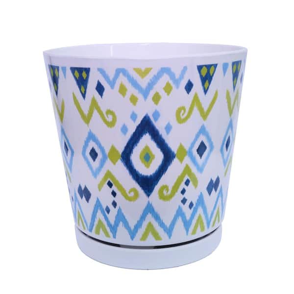 MPG 8.75 in. Blue Ikat Melamine Planter with Self Watering Saucer