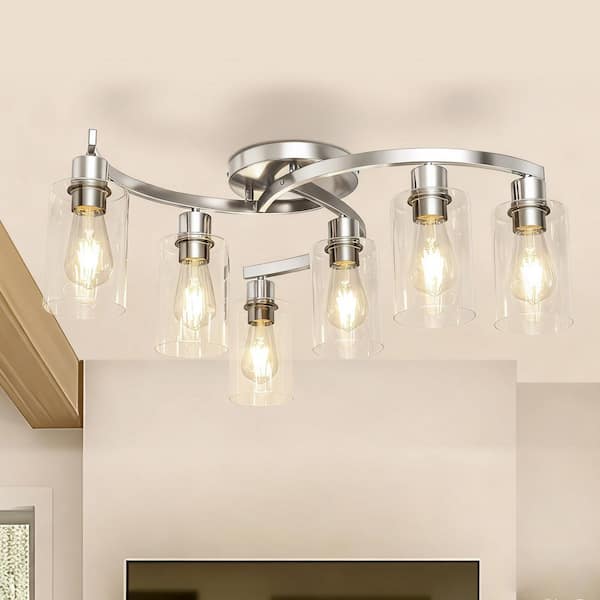 21 in. 6-Light Brushed Nickel Semi Flush Mount Ceiling Light, Modern Clear Glass Fixture for Bedroom, Hallway & Entryway