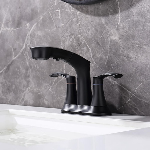 4 in. Centerset Double Middle Arc Bathroom Faucet with Pull Out Sprayer, Supply Line included in Matte Black