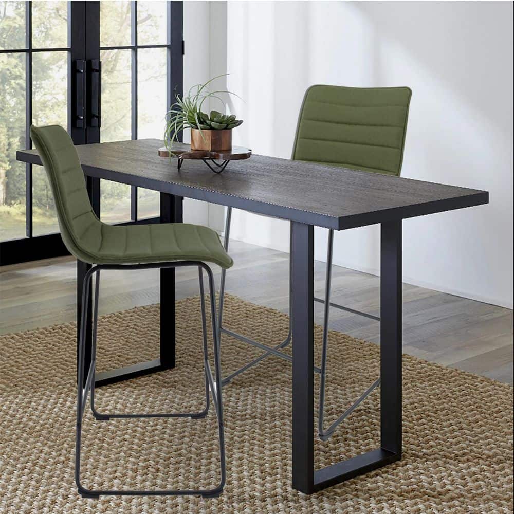 Olive Green Leather and Black Iron Bar Stool Set of 2