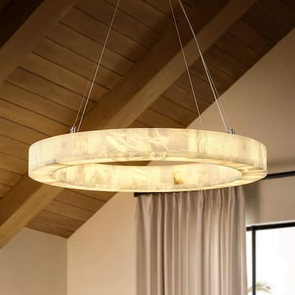 Modern Alabaster Chandelier 30 in. 1-Light Integrated LED White Round Chandelier for Living Room, Enterway, Foyer
