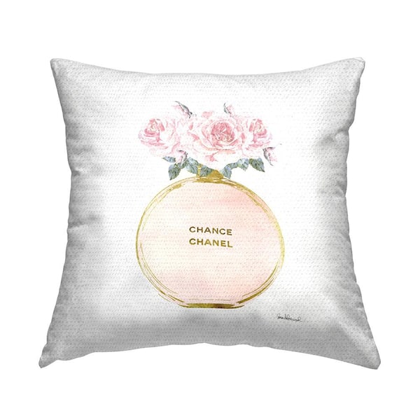 Stupell Industries Pink and Gold Round Perfume Bottle with Roses Pink Square Outdoor Throw Pillow