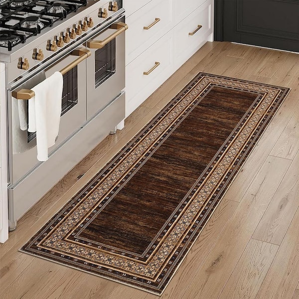 Red‑Brown 2 ft. x 6 ft. Washable Bordered Runner Rug, Non Slip Low Pile Stain Resistant Rug for Hallway, Entryway
