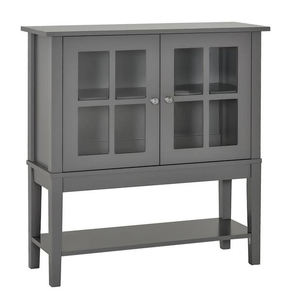 Unbranded 31.5 in. W x 11 in. D x 33 in. H Gray Linen Cabinet with 2 Glass Doors, Adjustable Inner Shelving and Bottom Shelf