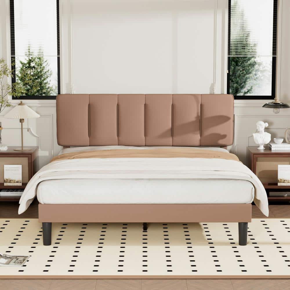 VECELO Upholstered Bed Frame Brown Metal Frame Queen Platform Bed With ...