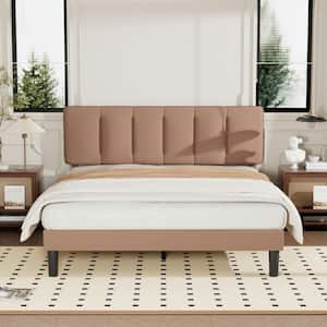 Upholstered Bed Frame Brown Metal Frame Queen Platform Bed with Adjustable Headboard Wood Slat No Box Spring Needed
