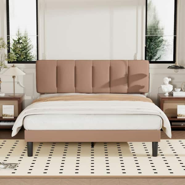 VECELO Upholstered Bed Frame Brown Metal Frame Queen Platform Bed with Adjustable Headboard Wood Slat No Box Spring Needed