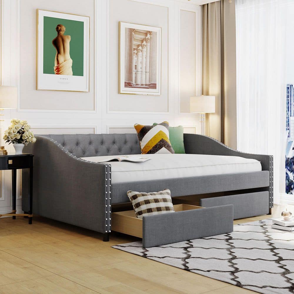 Gray Full Linen Fabric Upholstered Daybed with 2-Drawers price history on PriceWatchPro